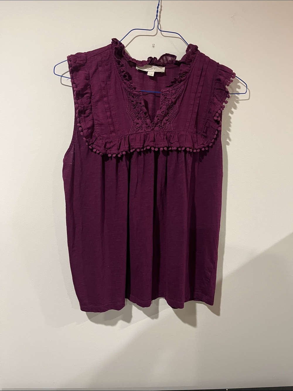 LOFT Plum Sleeveless Pom-Pom Trim Yoke Top